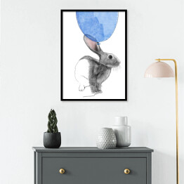 Plakat w ramie Rysunek królika wpatrzonego w niebieski balon