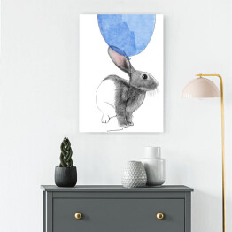 Obraz na płótnie Rysunek królika wpatrzonego w niebieski balon
