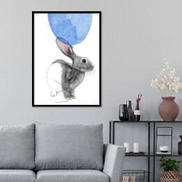 Plakat w ramie Rysunek królika wpatrzonego w niebieski balon