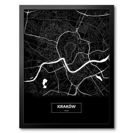 Obraz w ramie Mapa Krakowa czarno-biała z podpisem na czarnym tle