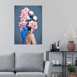 Plakat samoprzylepny Kobieta z niebieską papugą i kwiatami