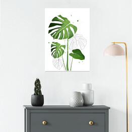 Plakat samoprzylepny Zielone liście monstery na tle szkicu motywu roślinnego