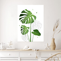 Plakat samoprzylepny Zielone liście monstery na tle szkicu motywu roślinnego
