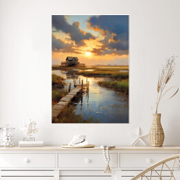 Plakat Zachód słońca nad jeziorem pejzaż