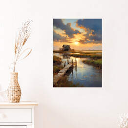 Plakat samoprzylepny Zachód słońca nad jeziorem pejzaż