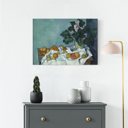 Obraz na płótnie Paul Cezanne "Martwa natura z jabłkami i doniczką pierwiosnków" - reprodukcja