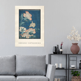 Plakat Hokusai Katsushika "Peonies and Canary" - reprodukcja z napisem. Plakat z passe partout
