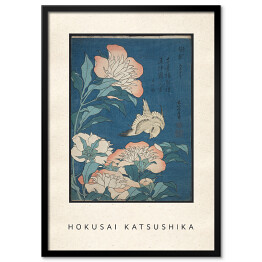 Obraz klasyczny Hokusai Katsushika "Peonies and Canary" - reprodukcja z napisem. Plakat z passe partout