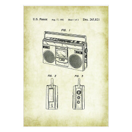 Plakat Magnetofon. Wynalazki. Rysunek patentowy w stylu retro