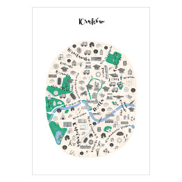 Plakat samoprzylepny Mapa Krakowa z czarno białymi symbolami