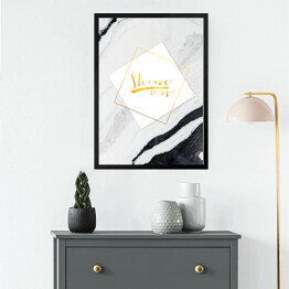 Obraz w ramie "Shine on" - złota typografia na białym kwadracie z szarym marmurem