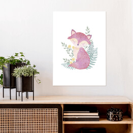 Plakat Akwarelowy różowy lis - dziecięcy las