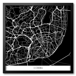 Obraz w ramie Mapy miast świata - Lizbona - czarna