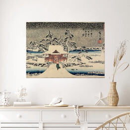 Plakat samoprzylepny Utugawa Hiroshige Śnieżna scena w Sanktuarium Benzaiten w stawie w Inokashira. Reprodukcja obrazu