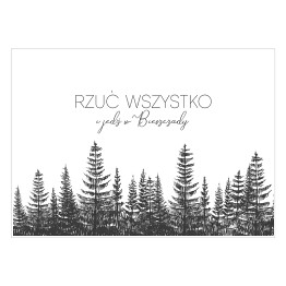 Plakat samoprzylepny "Rzuć wszystko i jedź w Bieszczady" - ilustracja z lasem we mgle