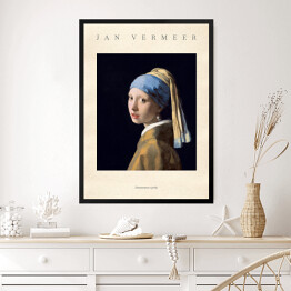 Obraz w ramie Jan Vermeer "Dziewczyna z perłą"- reprodukcja z napisem. Plakat z passe partout