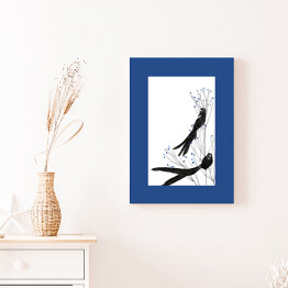 Obraz na płótnie Widowbird - dwa czarne ptaki na gałęziach na białym tle - ilustracja