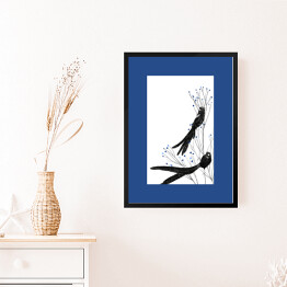 Obraz w ramie Widowbird - dwa czarne ptaki na gałęziach na białym tle - ilustracja