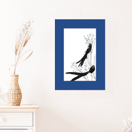 Plakat samoprzylepny Widowbird - dwa czarne ptaki na gałęziach na białym tle - ilustracja