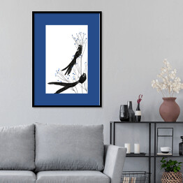 Plakat w ramie Widowbird - dwa czarne ptaki na gałęziach na białym tle - ilustracja