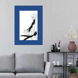 Plakat samoprzylepny Widowbird - dwa czarne ptaki na gałęziach na białym tle - ilustracja