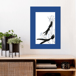 Plakat Widowbird - dwa czarne ptaki na gałęziach na białym tle - ilustracja