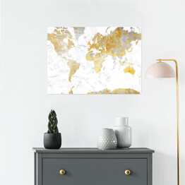 Plakat Mapa świata w odcieniach złota na jasnym marmurze