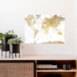 Plakat samoprzylepny Mapa świata w odcieniach złota na jasnym marmurze