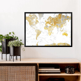 Obraz w ramie Mapa świata w odcieniach złota na jasnym marmurze
