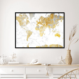 Plakat w ramie Mapa świata w odcieniach złota na jasnym marmurze