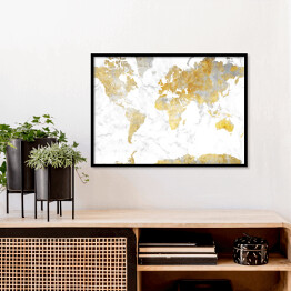 Plakat w ramie Mapa świata w odcieniach złota na jasnym marmurze