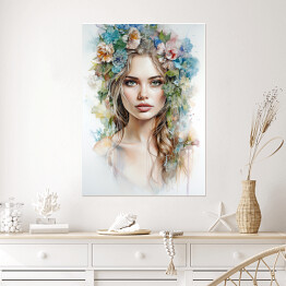 Plakat Portret kobieta z kwiatami na głowie