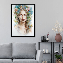 Plakat w ramie Portret kobieta z kwiatami na głowie