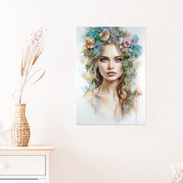 Plakat samoprzylepny Portret kobieta z kwiatami na głowie