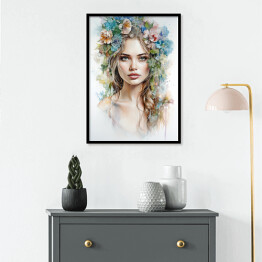 Plakat w ramie Portret kobieta z kwiatami na głowie