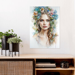 Plakat samoprzylepny Portret kobieta z kwiatami na głowie