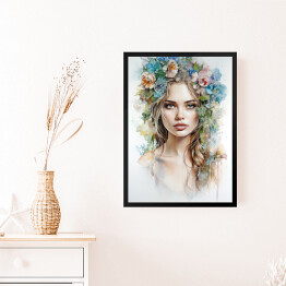 Obraz w ramie Portret kobieta z kwiatami na głowie