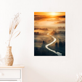 Plakat Zachód słońca z lotu ptaka. Krajobraz z rzeką i lasem 