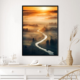Plakat w ramie Zachód słońca z lotu ptaka. Krajobraz z rzeką i lasem 