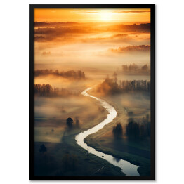 Plakat w ramie Zachód słońca z lotu ptaka. Krajobraz z rzeką i lasem 