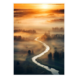 Plakat Zachód słońca z lotu ptaka. Krajobraz z rzeką i lasem 