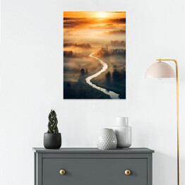 Plakat samoprzylepny Zachód słońca z lotu ptaka. Krajobraz z rzeką i lasem 