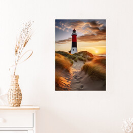 Plakat Pejzaż z zachodem słońca i latarnią morską