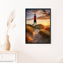 Plakat w ramie Pejzaż z zachodem słońca i latarnią morską