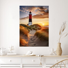 Plakat Pejzaż z zachodem słońca i latarnią morską