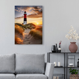 Obraz na płótnie Pejzaż z zachodem słońca i latarnią morską