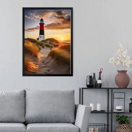 Obraz w ramie Pejzaż z zachodem słońca i latarnią morską