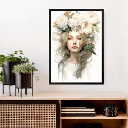 Obraz w ramie Portret kobiety. Pastelowe kwiaty we włosach