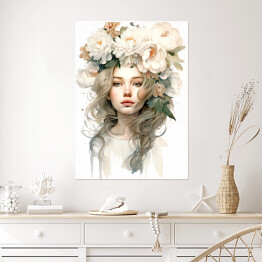 Plakat Portret kobiety. Pastelowe kwiaty we włosach