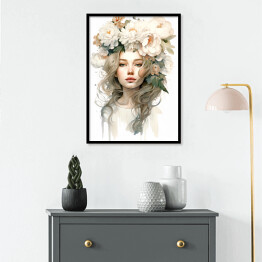 Plakat w ramie Portret kobiety. Pastelowe kwiaty we włosach